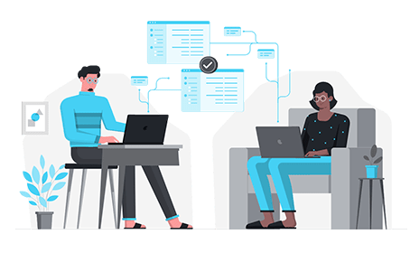 Illustration of two individuals working on their laptops illustrating the need for business IT plans provided by Alliance Business Technologies