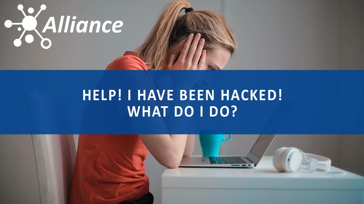 I have been hacked! What do I do? Image showing a woman frustrated sitting in front of a laptop.